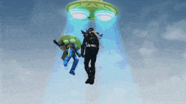 a man and a robot are flying through the air with a ufo behind them