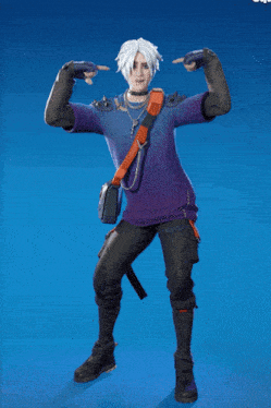 a man in a purple shirt is holding a stuffed animal in his back