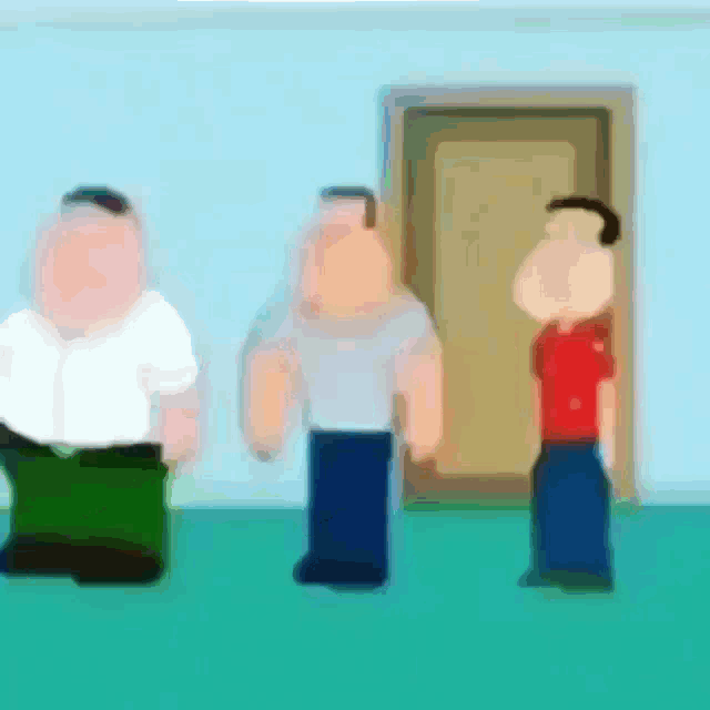 a cartoon of three men standing next to each other in front of a door .