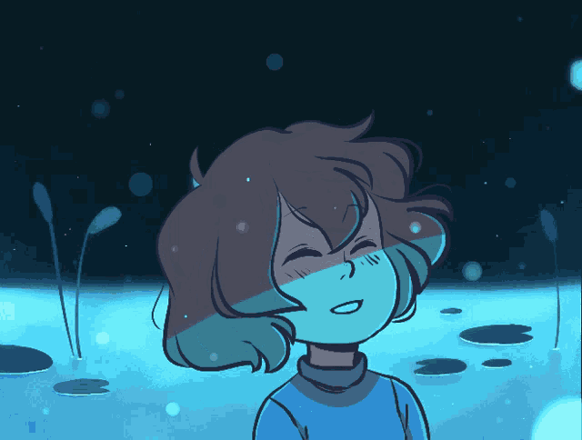 a cartoon drawing of a girl in a blue shirt looking up at the sky