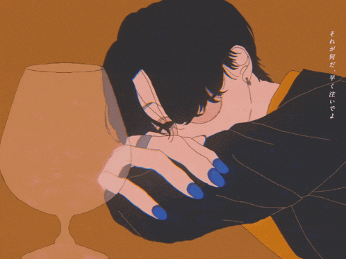 a drawing of a woman with blue nails and a glass of wine