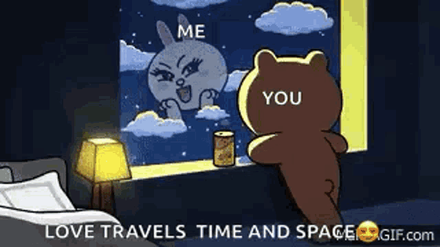 a cartoon of a brown bear looking out a window at a rabbit .