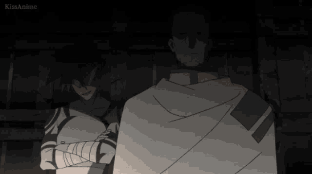 a couple of anime characters standing next to each other with kissanime written in the corner