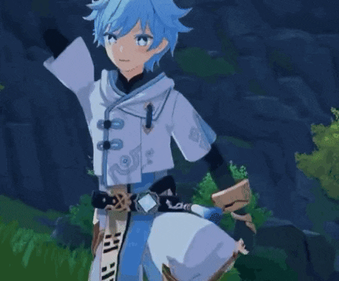 a boy with blue hair is standing in a field with his arms outstretched and a sword in his hand .
