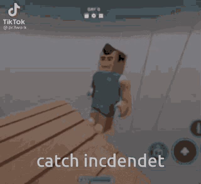 a man in a blue shirt is standing on a wooden table with the words catch incidentet written on the bottom .