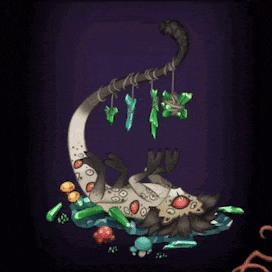 a cartoon of a cat laying on its back with crystals hanging from its tail .