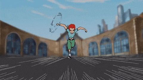 a cartoon drawing of a girl running with a chain around her
