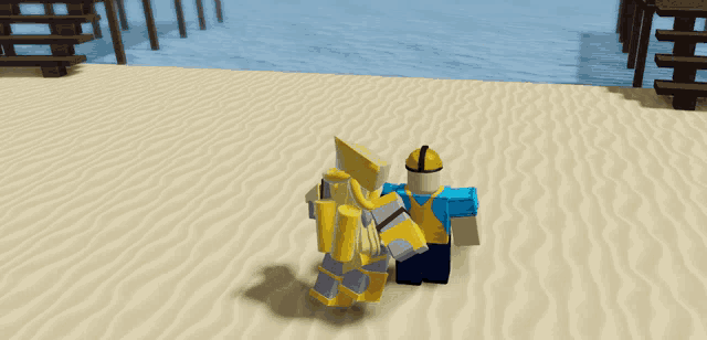 a cartoon character wearing a hard hat stands next to another character on a sandy beach