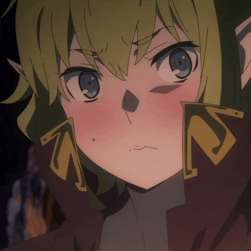 a close up of a cartoon character with the letter m on her collar
