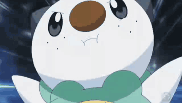 a close up of a cartoon character with a brown nose and blue eyes .