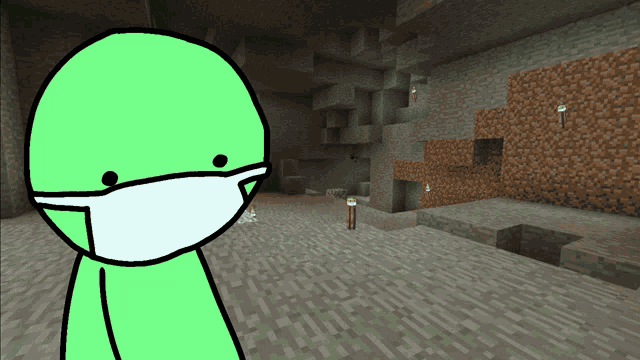 a green cartoon character wearing a face mask stands in a cave
