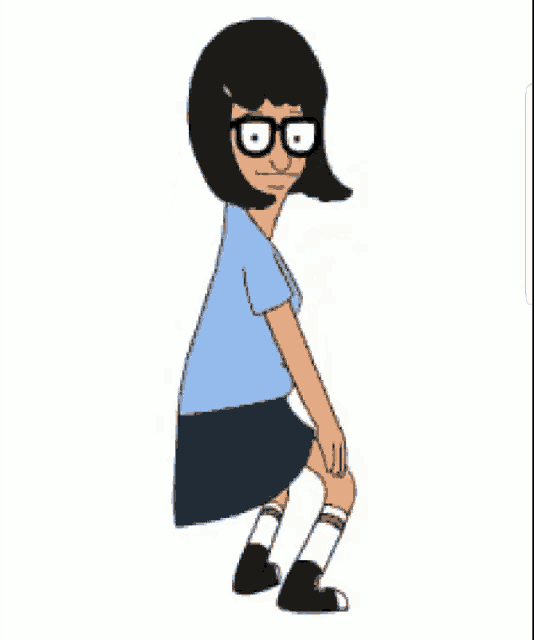a cartoon character from bob 's burgers is squatting down on the floor .