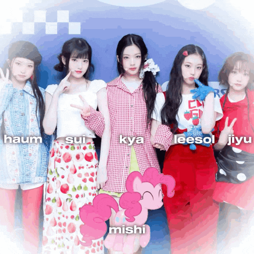 a group of girls standing next to each other with the names hashi sui kya leesol jiyu and mishi on the bottom