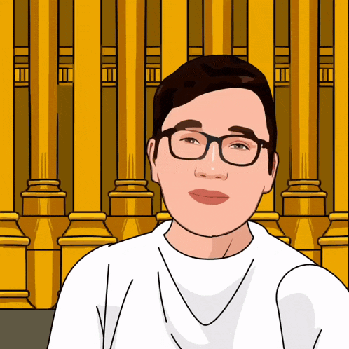 a cartoon of a man with glasses and a white shirt