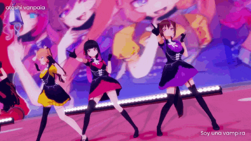 a group of anime girls are dancing in front of a poster that says atsushi vanpaia