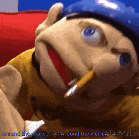 a puppet with a pencil in his mouth and the words around the world