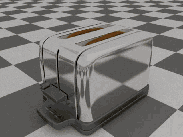 a chrome toaster is sitting on a checkered floor