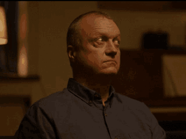a man in a blue shirt looks at the camera in a dark room