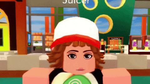 a girl in a white hat is holding a green object in front of a sign that says " juice "