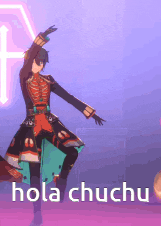 a cartoon character is dancing in front of a sign that says hola chuchu