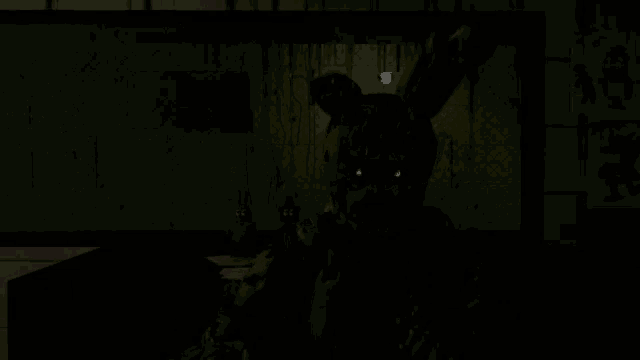 springtrap from five nights at freddy 's is looking at the camera with his eyes glowing in the dark .