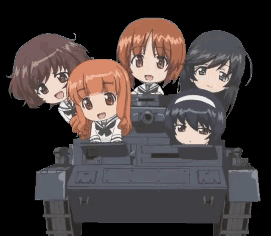 a group of anime girls sitting on top of a black tank