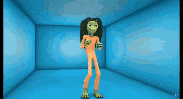 a cartoon character with dreadlocks and a green face is standing in a blue room