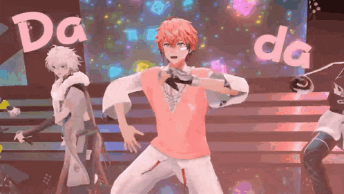 a group of anime characters are dancing in front of a sign that says " da da "