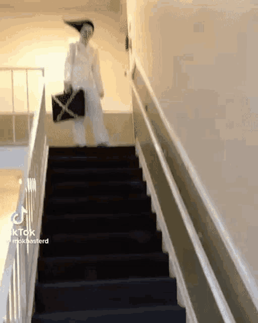 a person is walking up a set of stairs .