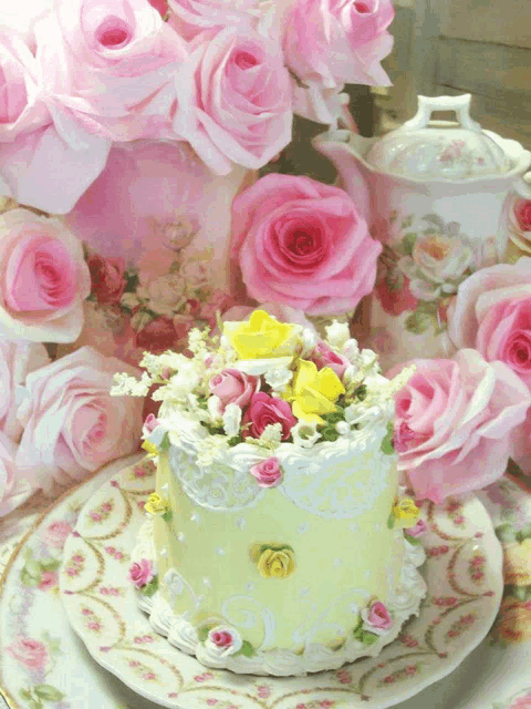 a small cake with pink and yellow flowers on it