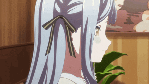 a girl with long blue hair has a black and gold ribbon in her hair