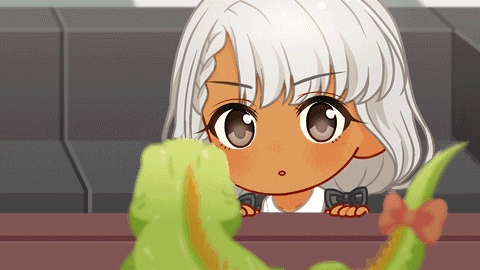 a cartoon of a girl looking over a table at a green plant