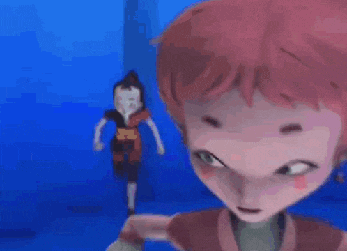 a cartoon character with pink hair and ears is making a serious face