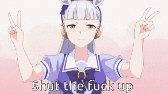 a girl is giving a peace sign with the words shut the fuck up written below her