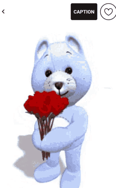 a teddy bear is holding a bouquet of red roses and a caption button
