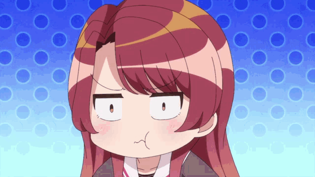 a girl with red hair making a funny face with circles in the background