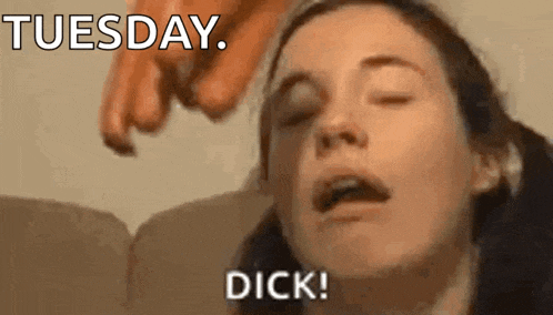a close up of a woman 's face with the words tuesday dick written above her