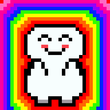 a pixel art of a ghost with a rainbow background