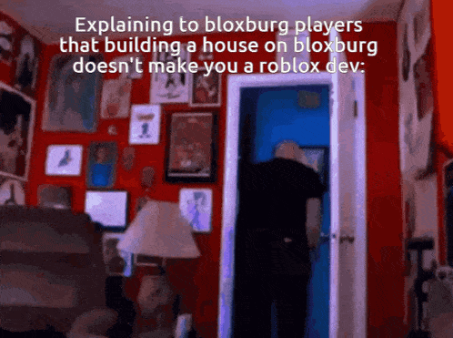 a room with red walls and a blue door with the words explaining to bloxburg players that building a house on bloxburg