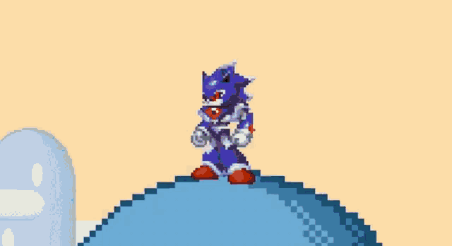 a pixel art of sonic the hedgehog standing on top of a blue hill .