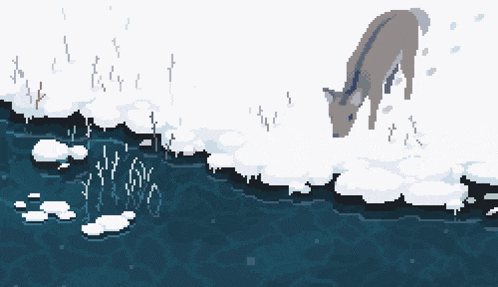 a pixel art of a deer standing next to a river