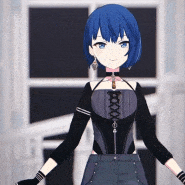 a girl with blue hair is wearing a black top with lace up front