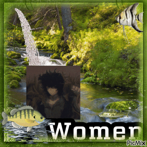 a picture of a waterfall and a fish with the word women on it