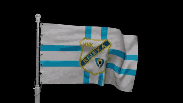 a blue and white flag with the letters hnk on the top