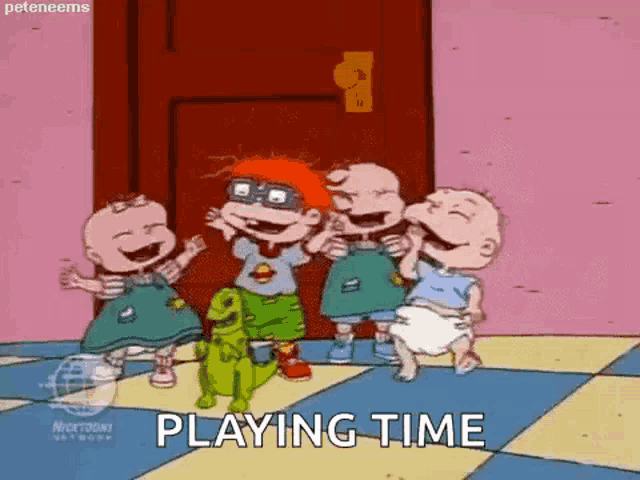 a group of cartoon babies are standing next to each other on a checkered floor and laughing .