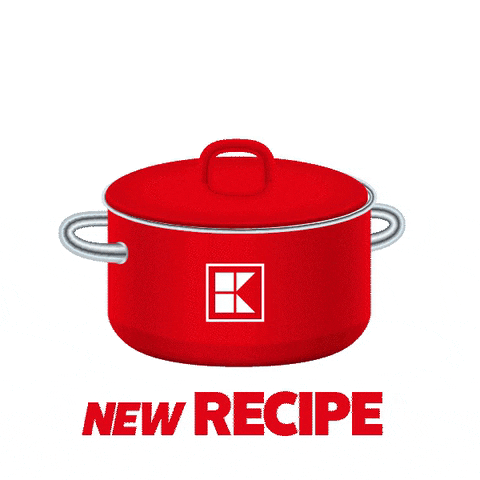 a red pot with a k on it and the words new recipe below it