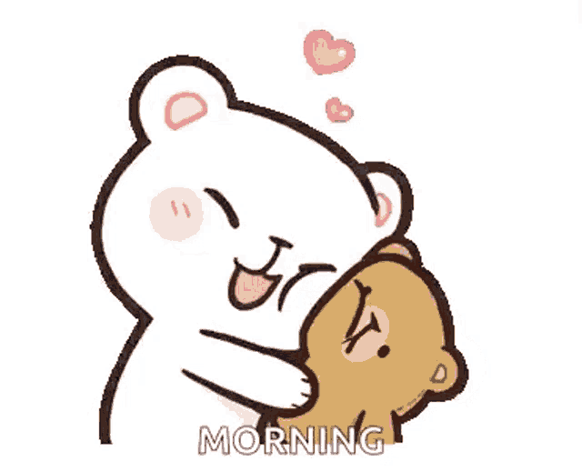a cartoon bear is hugging another bear with hearts coming out of its eyes .
