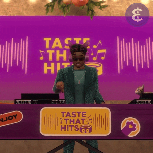 a man standing behind a table with a sign that says taste that hits