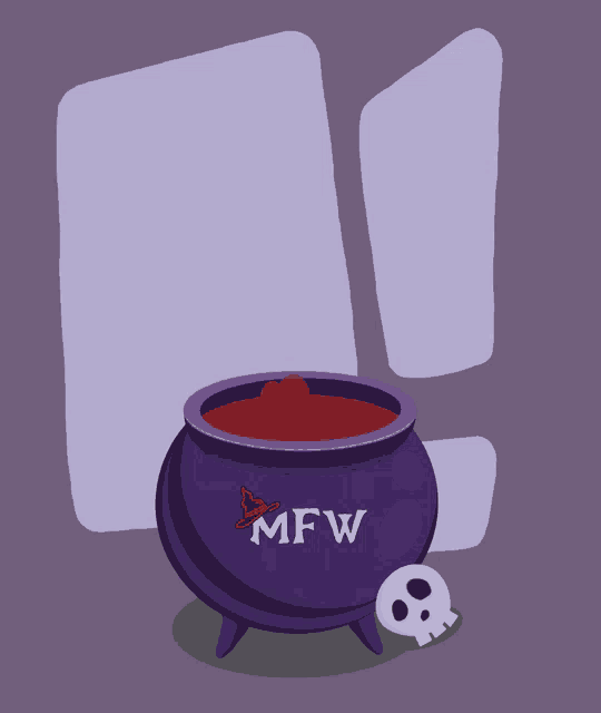 a purple cauldron that says mfw on it