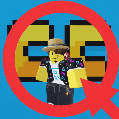 a roblox character wearing a straw hat and sunglasses is standing in front of a blue background with a red circle around him